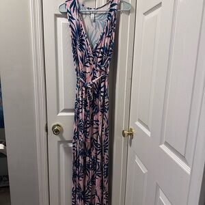 Pink and Blue Leaf Print Maxi Dress
